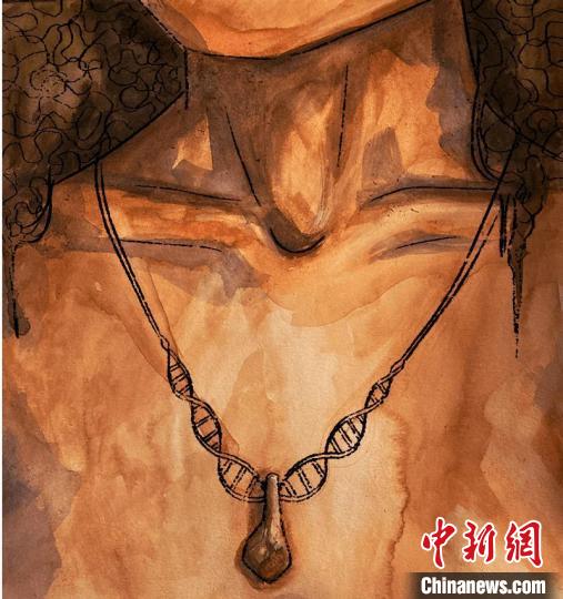 墜飾藝術(shù)再現(xiàn)圖，圖中吊墜繩為DNA螺旋樣式(圖片作者Myrthe Lucas)?！∈┢樟指瘛ぷ匀?供圖