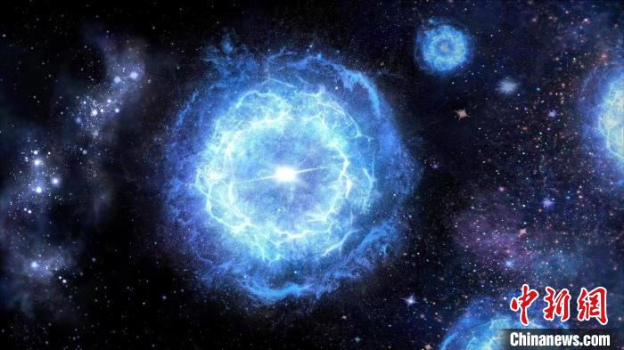 第一代超大質(zhì)量恒星演化成為“對不穩(wěn)定超新星”的藝術(shù)展示圖。　中科院國家天文臺 供圖
