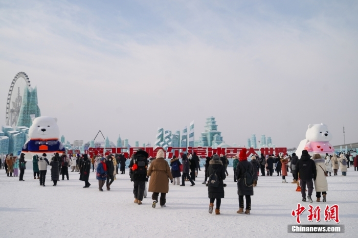 1月4日，第25屆哈爾濱冰雪大世界內(nèi)的冰雕吸引游客觀看。白天的冰雪大世界，游客仿佛置身現(xiàn)實版“冰雪奇緣”。<a target='_blank' href='/'><p  align=
