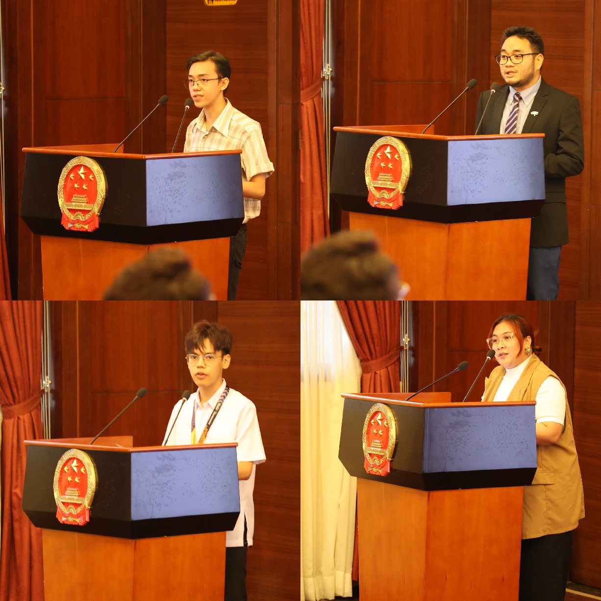 菲律賓大學(xué)、菲律賓師范大學(xué)的4位學(xué)生和校友代表現(xiàn)場發(fā)言向中方表示感謝并分享體會。駐菲律賓使館 供圖