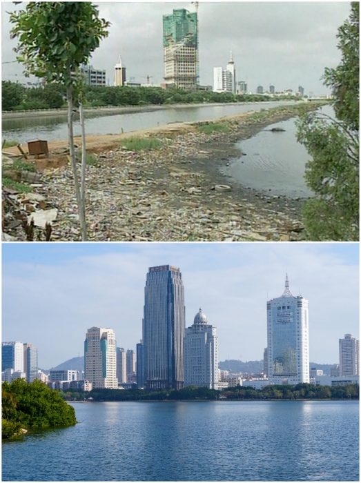 上圖：筼筜湖治理前資料圖。下圖：筼筜湖如今的美麗風(fēng)光。人民網(wǎng)記者 吳超嵐攝