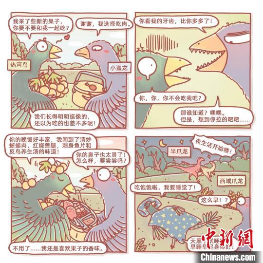 根據(jù)此次熱河鳥研究成果繪制的漫畫(燁子/繪)。　中科院古脊椎所 供圖