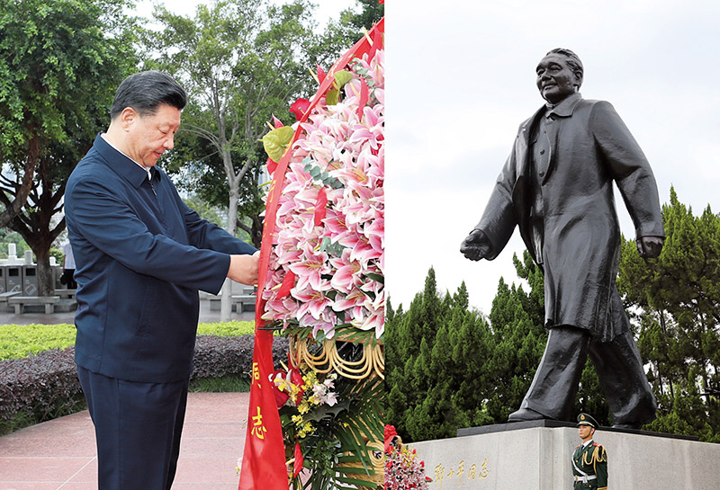 2020年10月14日，習(xí)近平總書記向深圳蓮花山公園鄧小平同志銅像敬獻(xiàn)花籃。