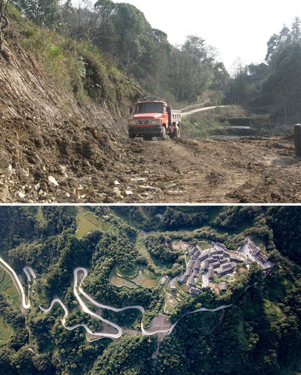 拼版照片：上圖為2011年12月拍攝的湖南省湘西土家族苗族自治州花垣縣十八洞村進(jìn)村道路；下圖為2019年9月拍攝的十八洞村及進(jìn)村道路。