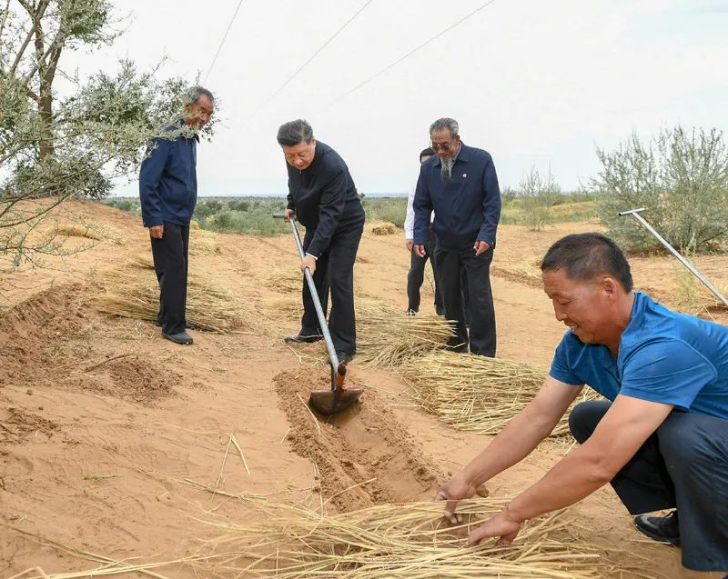 2019年8月21日，習(xí)近平來(lái)到甘肅省武威市古浪縣八步沙林場(chǎng)，實(shí)地察看當(dāng)?shù)刂紊吃炝帧⑸鷳B(tài)保護(hù)等情況。新華社記者 謝環(huán)馳 攝