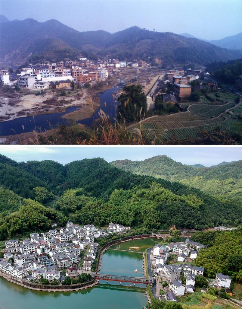 圖為浙江省杭州市淳安縣楓樹嶺鎮(zhèn)下姜村拼版圖，其中上圖為資料照片、下圖由新華社記者張鋮攝。