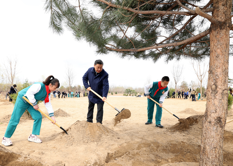 2022年3月，習(xí)近平總書(shū)記來(lái)到北京市大興區(qū)黃村鎮(zhèn)參加首都義務(wù)植樹(shù)活動(dòng)，同大家一起植樹(shù)。新華社記者 黃敬文 攝